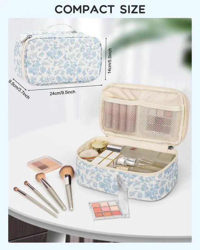 Alt view image 5 of 7 - Travel Makeup Bag, Small Floral Cosmetic Bag with Makeup Brush Compartment, Portable Makeup Pouch for Women, Double Layer Makeup Organizer Bag Cute Toiletry Bag