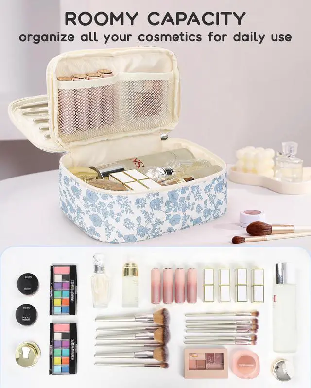 Alt view image 7 of 7 - Travel Makeup Bag, Small Floral Cosmetic Bag with Makeup Brush Compartment, Portable Makeup Pouch for Women, Double Layer Makeup Organizer Bag Cute Toiletry Bag