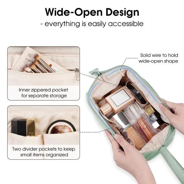 Alt view image 2 of 7 - Wide-open Makeup Bag Women Girls, Travel Toiletry Bag for Women Cosmetic Bag Organizer Make up Bag with Compartments Toiletries Medicine Bag (Mint Green)