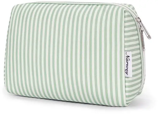 Main image of Striped Makeup Bag Travel Cosmetic Bag Organizer Toiletry Bag Make Up Bags with Compartments for Women Girls (Large, Mint Green Stripe)