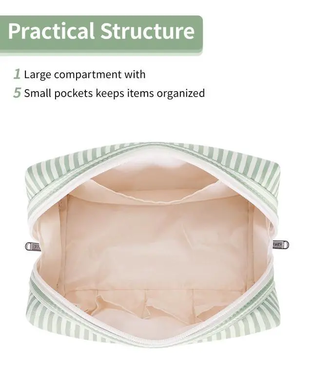 Alt view image 2 of 7 - Striped Makeup Bag Travel Cosmetic Bag Organizer Toiletry Bag Make Up Bags with Compartments for Women Girls (Large, Mint Green Stripe)