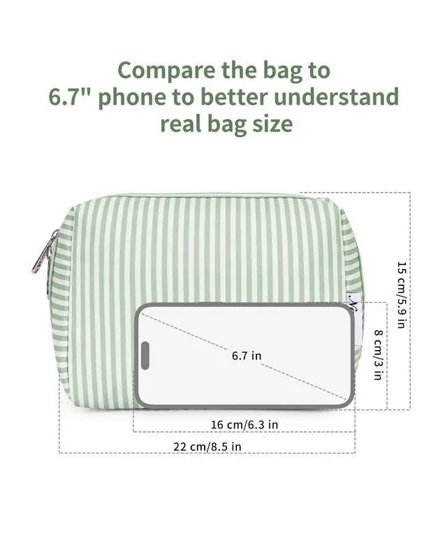 Alt view image 4 of 7 - Striped Makeup Bag Travel Cosmetic Bag Organizer Toiletry Bag Make Up Bags with Compartments for Women Girls (Large, Mint Green Stripe)