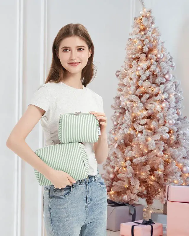 Alt view image 5 of 7 - Striped Makeup Bag Travel Cosmetic Bag Organizer Toiletry Bag Make Up Bags with Compartments for Women Girls (Large, Mint Green Stripe)