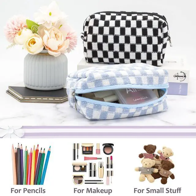 Alt view image 3 of 6 - Checkered Makeup Bag for Purse Portable Zipper Make Up Pouch Small Cosmetic Case for Travel Accessories (Blue)