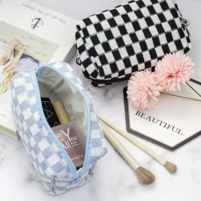 Alt view image 2 of 6 - Checkered Makeup Bag for Purse Portable Zipper Make Up Pouch Small Cosmetic Case for Travel Accessories (Blue)