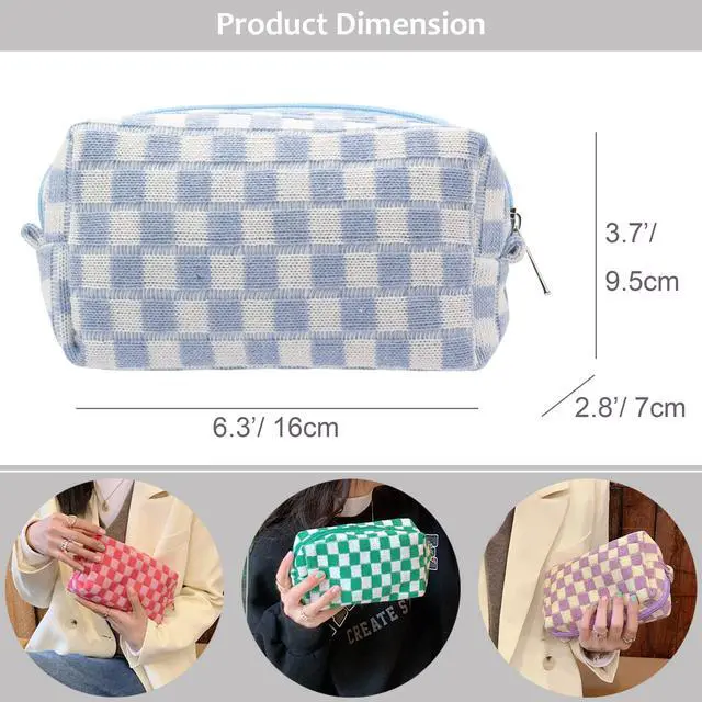 Alt view image 4 of 6 - Checkered Makeup Bag for Purse Portable Zipper Make Up Pouch Small Cosmetic Case for Travel Accessories (Blue)