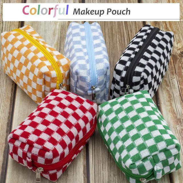 Alt view image 6 of 6 - Checkered Makeup Bag for Purse Portable Zipper Make Up Pouch Small Cosmetic Case for Travel Accessories (Blue)