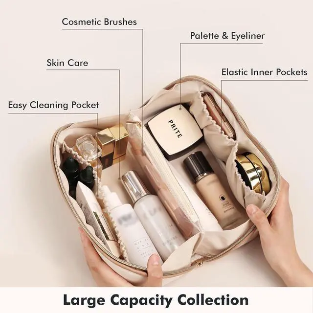Alt view image 3 of 7 - Makeup Bag for Women Travel Waterproof Vegan Leather Cosmetic Bag Open Flat Toiletry Bag With Clear Divider and Handle (Beige, Medium)