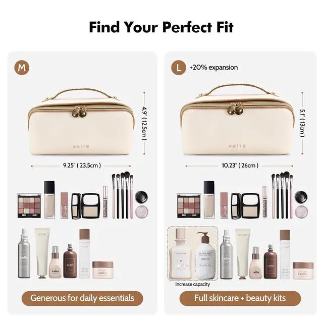 Alt view image 2 of 7 - Makeup Bag for Women Travel Waterproof Vegan Leather Cosmetic Bag Open Flat Toiletry Bag With Clear Divider and Handle (Beige, Medium)