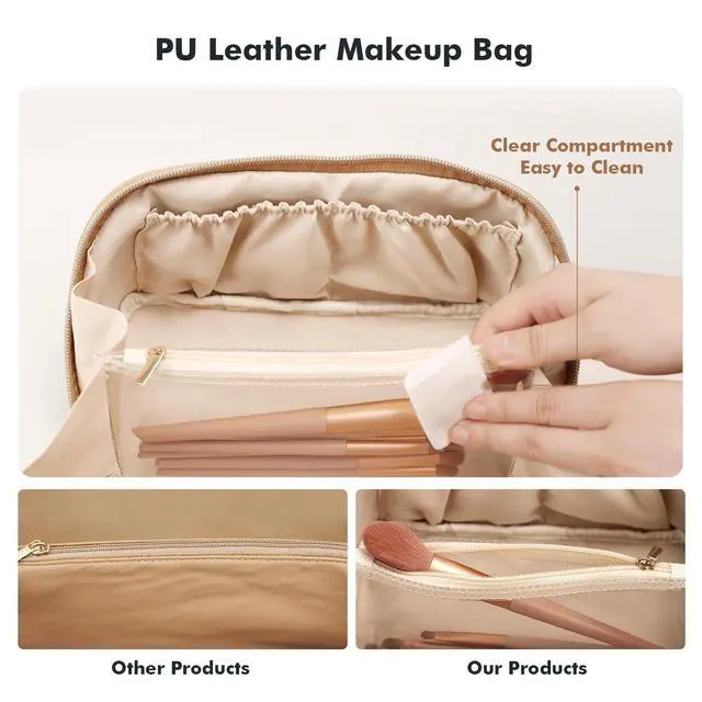 Alt view image 6 of 7 - Makeup Bag for Women Travel Waterproof Vegan Leather Cosmetic Bag Open Flat Toiletry Bag With Clear Divider and Handle (Beige, Medium)