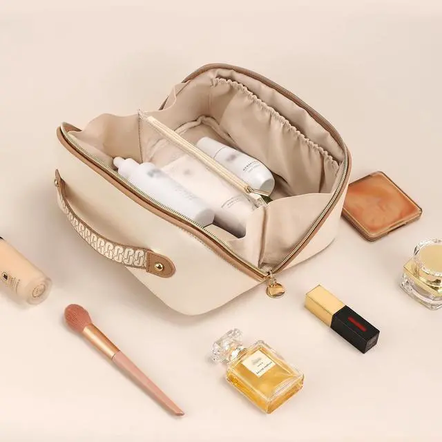 Alt view image 5 of 7 - Makeup Bag for Women Travel Waterproof Vegan Leather Cosmetic Bag Open Flat Toiletry Bag With Clear Divider and Handle (Beige, Medium)