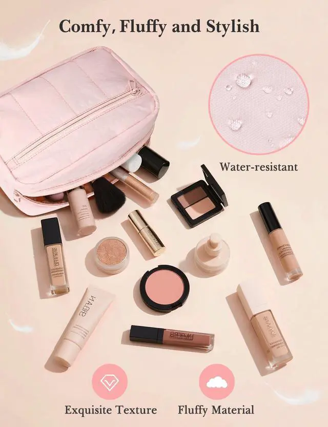 Alt view image 5 of 7 - Makeup Bag Travel Toiletry Bag, Puffy Padded Cosmetic Bag for Women, Makeup Organizer Case, Wide-open Pouch Purse, Travel Essentials