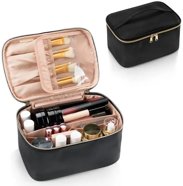 Main image of Makeup Bag, Portable Cosmetic Bag, Large Capacity Travel Makeup Case Organizer, Black For Women Toiletry Bag for Girls Traveling With Handle and Divider