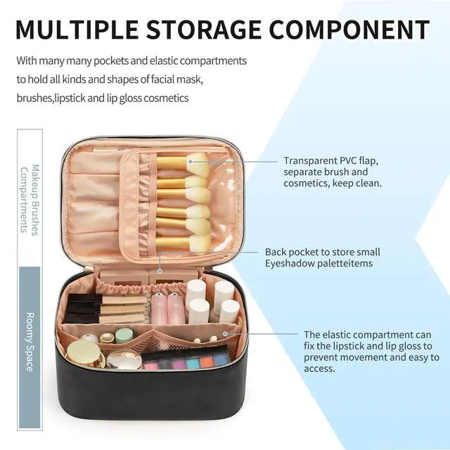 Alt view image 2 of 7 - Makeup Bag, Portable Cosmetic Bag, Large Capacity Travel Makeup Case Organizer, Black For Women Toiletry Bag for Girls Traveling With Handle and Divider