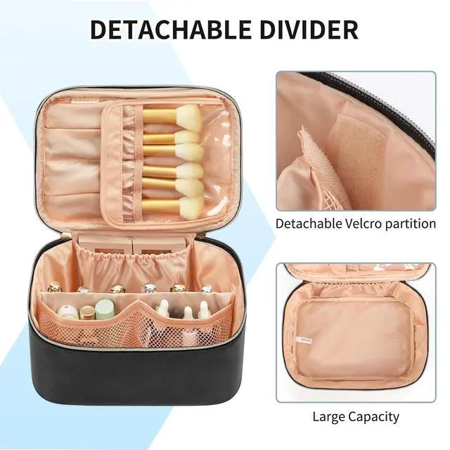 Alt view image 3 of 7 - Makeup Bag, Portable Cosmetic Bag, Large Capacity Travel Makeup Case Organizer, Black For Women Toiletry Bag for Girls Traveling With Handle and Divider