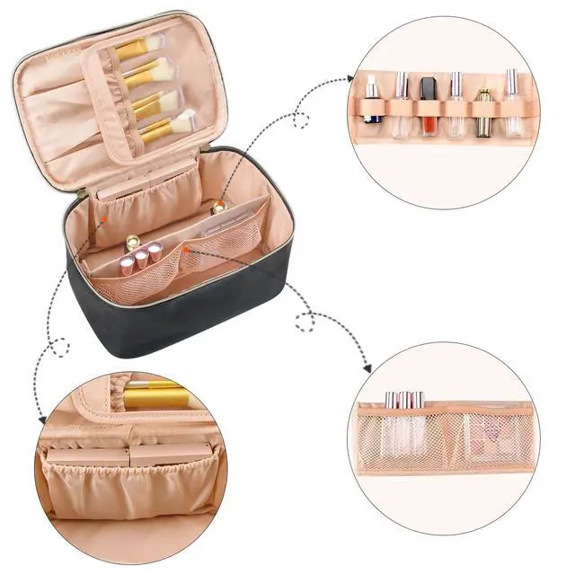 Alt view image 4 of 7 - Makeup Bag, Portable Cosmetic Bag, Large Capacity Travel Makeup Case Organizer, Black For Women Toiletry Bag for Girls Traveling With Handle and Divider