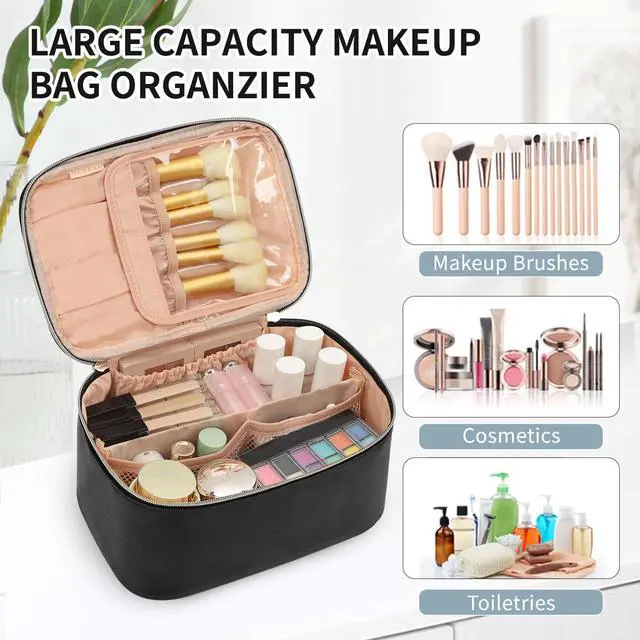 Alt view image 7 of 7 - Makeup Bag, Portable Cosmetic Bag, Large Capacity Travel Makeup Case Organizer, Black For Women Toiletry Bag for Girls Traveling With Handle and Divider