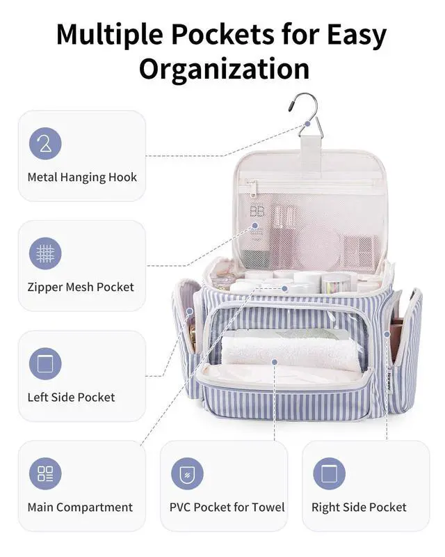 Alt view image 3 of 7 - Hanging Travel Toiletry Bag for Women, Large Makeup Bag, Wide Open Cosmetic Bag, Multiple Organized Pocket, Wet Pocket for Towel, Portable Bathroom Travel Bag for Toiletries, Essentials