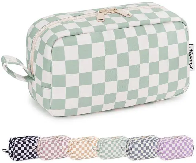 Main image of Checkered Makeup Bag, Travel Cosmetic Bag Organizer, Toiletry Bag Make Up Bags with Comparments for Women and Girls, Gift for Teen Girls (Mint Green Checkerboard, Large)