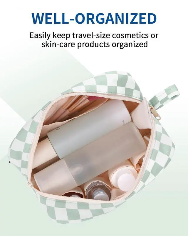 Alt view image 3 of 7 - Checkered Makeup Bag, Travel Cosmetic Bag Organizer, Toiletry Bag Make Up Bags with Comparments for Women and Girls, Gift for Teen Girls (Mint Green Checkerboard, Large)