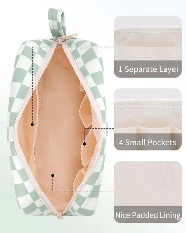 Alt view image 5 of 7 - Checkered Makeup Bag, Travel Cosmetic Bag Organizer, Toiletry Bag Make Up Bags with Comparments for Women and Girls, Gift for Teen Girls (Mint Green Checkerboard, Large)