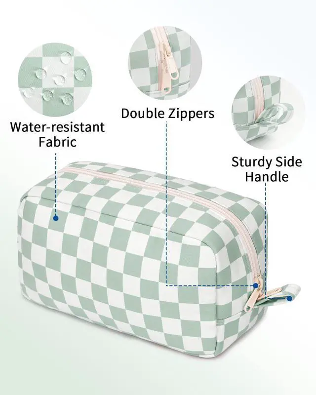 Alt view image 6 of 7 - Checkered Makeup Bag, Travel Cosmetic Bag Organizer, Toiletry Bag Make Up Bags with Comparments for Women and Girls, Gift for Teen Girls (Mint Green Checkerboard, Large)