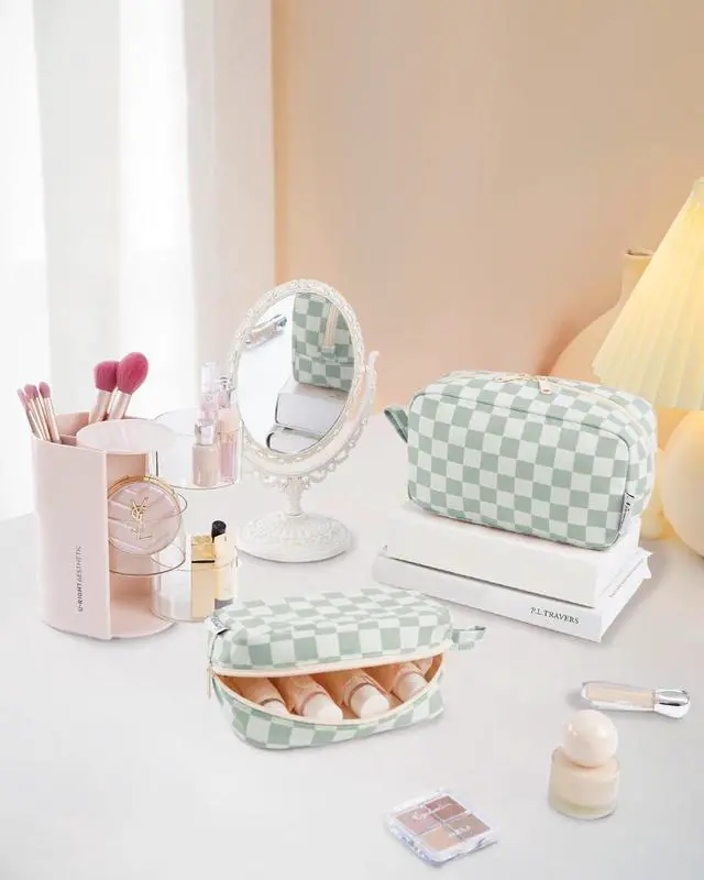 Alt view image 7 of 7 - Checkered Makeup Bag, Travel Cosmetic Bag Organizer, Toiletry Bag Make Up Bags with Comparments for Women and Girls, Gift for Teen Girls (Mint Green Checkerboard, Large)