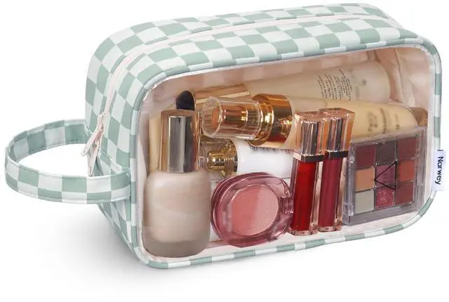 Main image of Clear Toiletry Bags for Traveling Women Men, Clear Travel Bags for Toiletries Makeup Bag Cosmetic Bag with Zipper, Make Up Organizer, Skincare Bag (Mint Green Checkerboard)