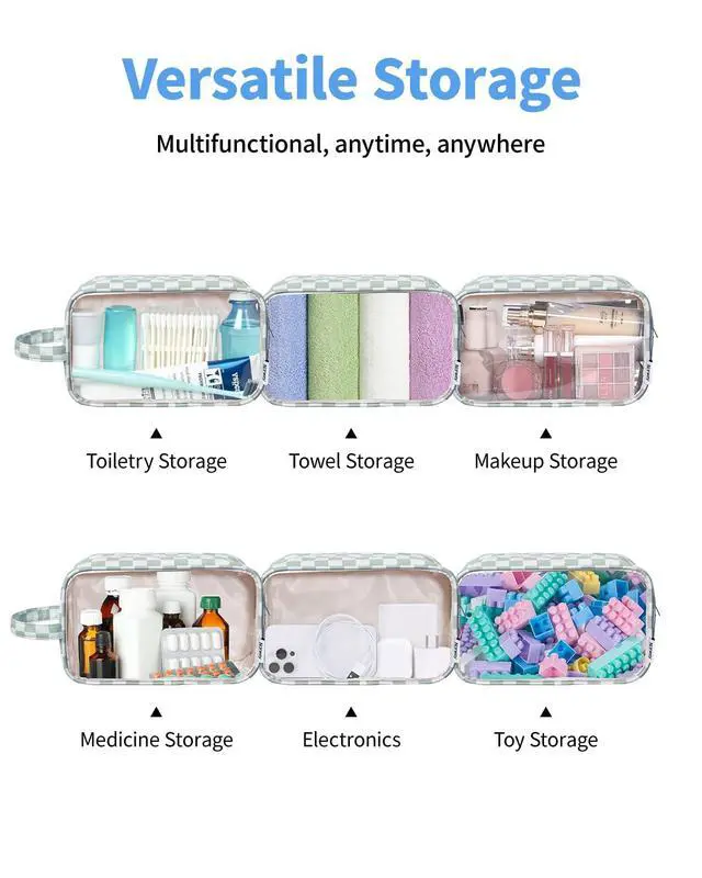 Alt view image 6 of 7 - Clear Toiletry Bags for Traveling Women Men, Clear Travel Bags for Toiletries Makeup Bag Cosmetic Bag with Zipper, Make Up Organizer, Skincare Bag (Mint Green Checkerboard)