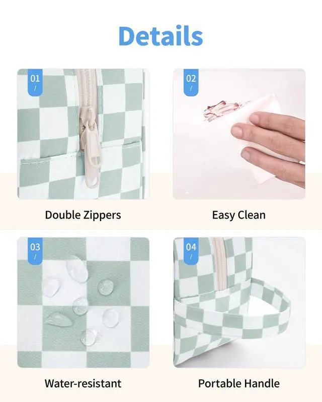 Alt view image 5 of 7 - Clear Toiletry Bags for Traveling Women Men, Clear Travel Bags for Toiletries Makeup Bag Cosmetic Bag with Zipper, Make Up Organizer, Skincare Bag (Mint Green Checkerboard)