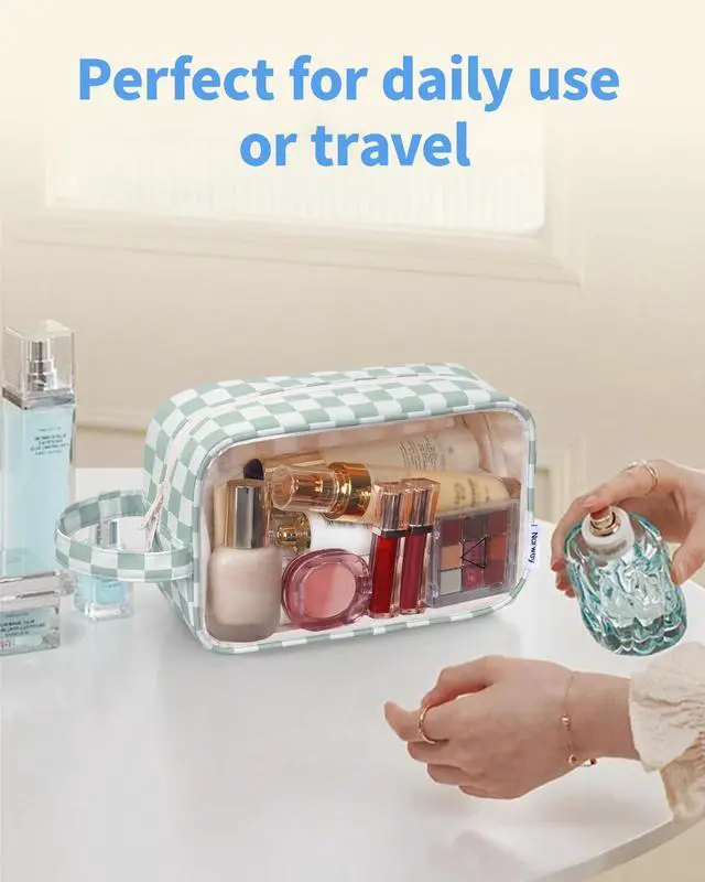 Alt view image 7 of 7 - Clear Toiletry Bags for Traveling Women Men, Clear Travel Bags for Toiletries Makeup Bag Cosmetic Bag with Zipper, Make Up Organizer, Skincare Bag (Mint Green Checkerboard)