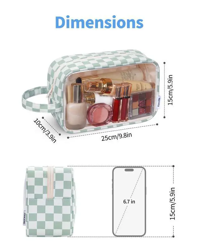 Alt view image 4 of 7 - Clear Toiletry Bags for Traveling Women Men, Clear Travel Bags for Toiletries Makeup Bag Cosmetic Bag with Zipper, Make Up Organizer, Skincare Bag (Mint Green Checkerboard)
