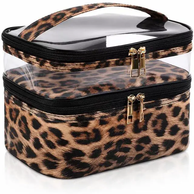 Main image of Double-layer Cosmetic Bag Makeup Bag Travel Makeup Bag Makeup Bags for Women Cosmetics Cases Portable Waterproof Foldable (Leopard)