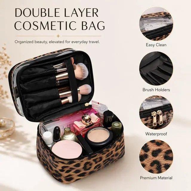 Alt view image 2 of 6 - Double-layer Cosmetic Bag Makeup Bag Travel Makeup Bag Makeup Bags for Women Cosmetics Cases Portable Waterproof Foldable (Leopard)