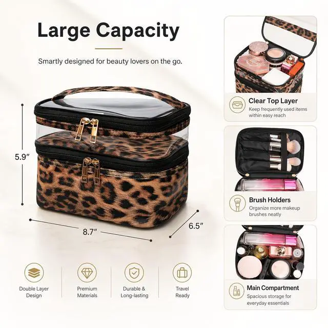 Alt view image 3 of 6 - Double-layer Cosmetic Bag Makeup Bag Travel Makeup Bag Makeup Bags for Women Cosmetics Cases Portable Waterproof Foldable (Leopard)