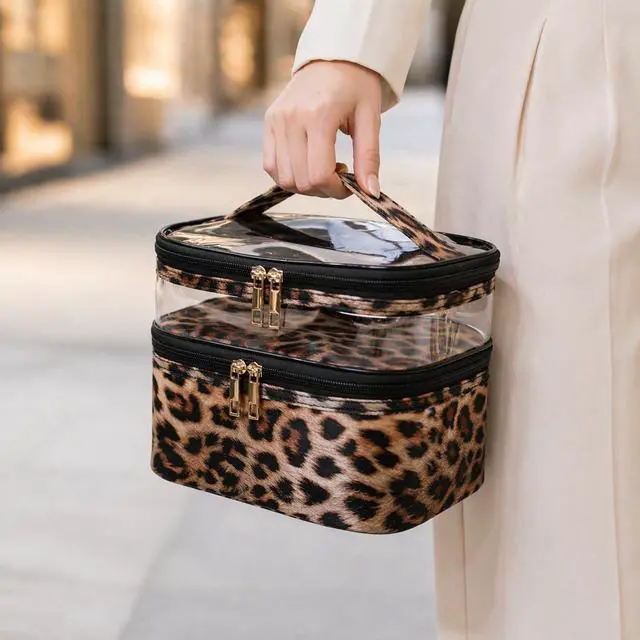 Alt view image 4 of 6 - Double-layer Cosmetic Bag Makeup Bag Travel Makeup Bag Makeup Bags for Women Cosmetics Cases Portable Waterproof Foldable (Leopard)