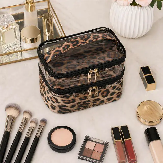 Alt view image 5 of 6 - Double-layer Cosmetic Bag Makeup Bag Travel Makeup Bag Makeup Bags for Women Cosmetics Cases Portable Waterproof Foldable (Leopard)