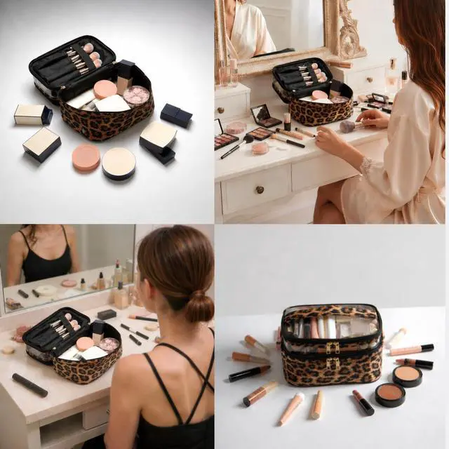 Alt view image 6 of 6 - Double-layer Cosmetic Bag Makeup Bag Travel Makeup Bag Makeup Bags for Women Cosmetics Cases Portable Waterproof Foldable (Leopard)