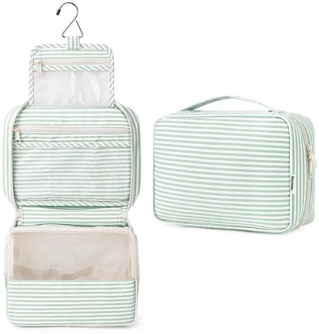 Main image of Small Hanging Travel Toiletry Bag for Women, Travel Bag for Toiletries, Makeup Bag Organizer Cosmetic Bags Make Up Bags for Girls (Mint Green Stripe)