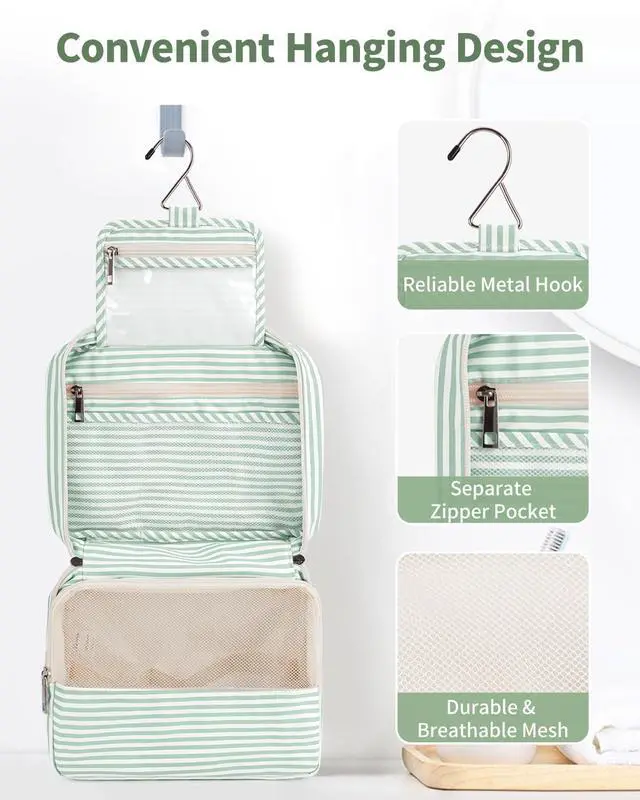 Alt view image 2 of 7 - Small Hanging Travel Toiletry Bag for Women, Travel Bag for Toiletries, Makeup Bag Organizer Cosmetic Bags Make Up Bags for Girls (Mint Green Stripe)