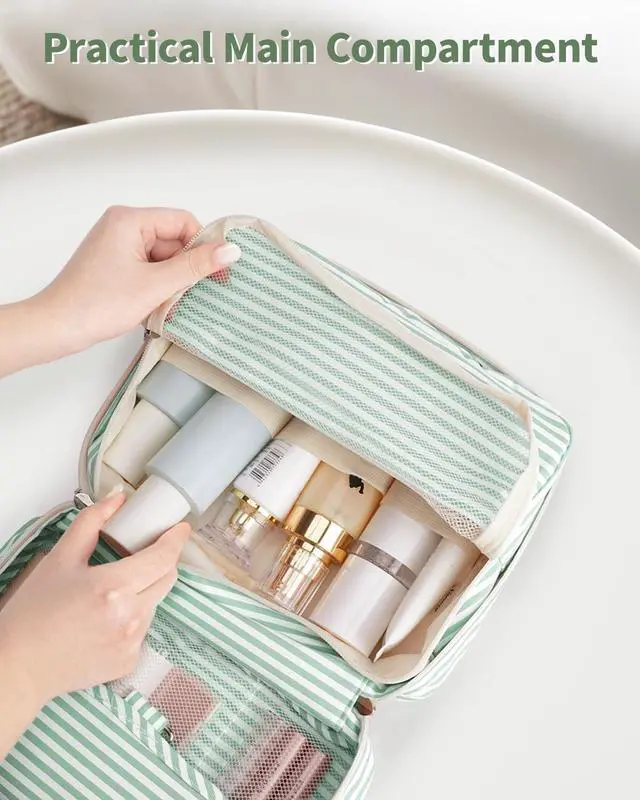Alt view image 3 of 7 - Small Hanging Travel Toiletry Bag for Women, Travel Bag for Toiletries, Makeup Bag Organizer Cosmetic Bags Make Up Bags for Girls (Mint Green Stripe)