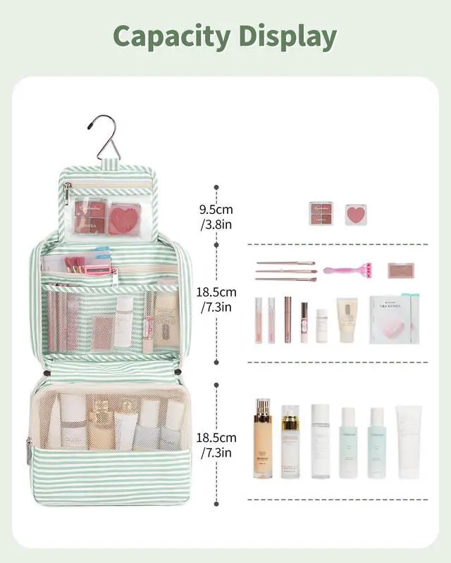 Alt view image 4 of 7 - Small Hanging Travel Toiletry Bag for Women, Travel Bag for Toiletries, Makeup Bag Organizer Cosmetic Bags Make Up Bags for Girls (Mint Green Stripe)