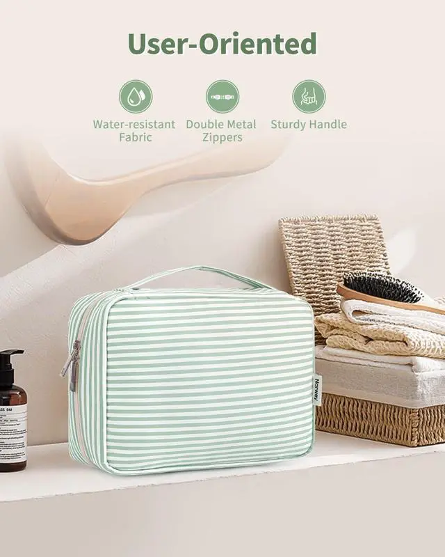 Alt view image 6 of 7 - Small Hanging Travel Toiletry Bag for Women, Travel Bag for Toiletries, Makeup Bag Organizer Cosmetic Bags Make Up Bags for Girls (Mint Green Stripe)