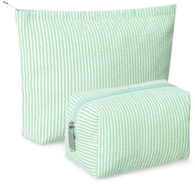 Main image of 2 Pcs Makeup Bag Set Cute Cosmetic Pouch for Women Seersucker Travel Toiletry Bag Preppy Small Makeup Purse Pouch Aesthetic Skincare Brushes Storage Organizer for Valentine Women(Green)
