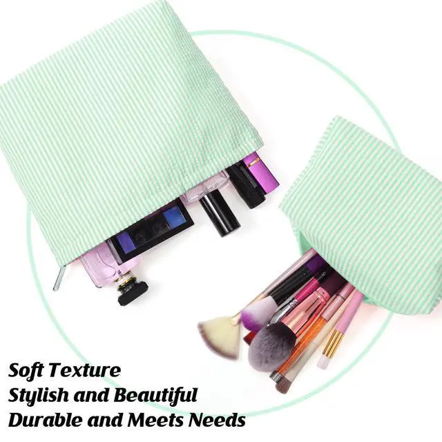 Alt view image 2 of 7 - 2 Pcs Makeup Bag Set Cute Cosmetic Pouch for Women Seersucker Travel Toiletry Bag Preppy Small Makeup Purse Pouch Aesthetic Skincare Brushes Storage Organizer for Valentine Women(Green)