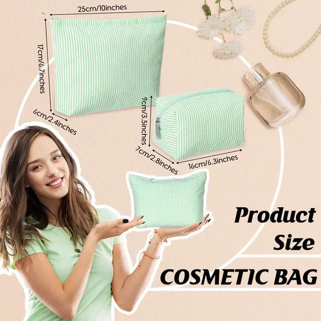 Alt view image 3 of 7 - 2 Pcs Makeup Bag Set Cute Cosmetic Pouch for Women Seersucker Travel Toiletry Bag Preppy Small Makeup Purse Pouch Aesthetic Skincare Brushes Storage Organizer for Valentine Women(Green)