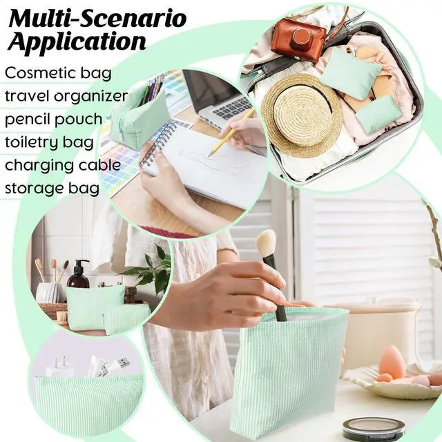 Alt view image 6 of 7 - 2 Pcs Makeup Bag Set Cute Cosmetic Pouch for Women Seersucker Travel Toiletry Bag Preppy Small Makeup Purse Pouch Aesthetic Skincare Brushes Storage Organizer for Valentine Women(Green)