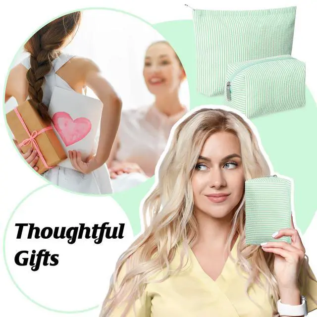 Alt view image 7 of 7 - 2 Pcs Makeup Bag Set Cute Cosmetic Pouch for Women Seersucker Travel Toiletry Bag Preppy Small Makeup Purse Pouch Aesthetic Skincare Brushes Storage Organizer for Valentine Women(Green)