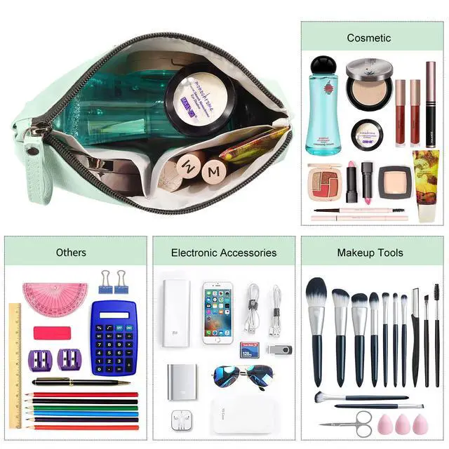 Alt view image 6 of 7 - Makeup Bag for Purse Small Makeup Bag with Zipper Pu Leather Makeup Pouch Cosmetic Bags for Women Travel Make up Bag (Green)