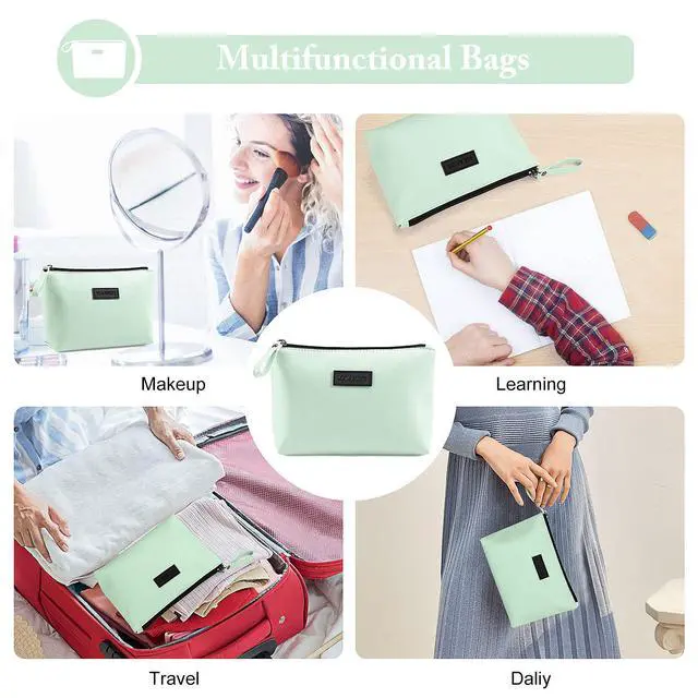 Alt view image 7 of 7 - Makeup Bag for Purse Small Makeup Bag with Zipper Pu Leather Makeup Pouch Cosmetic Bags for Women Travel Make up Bag (Green)
